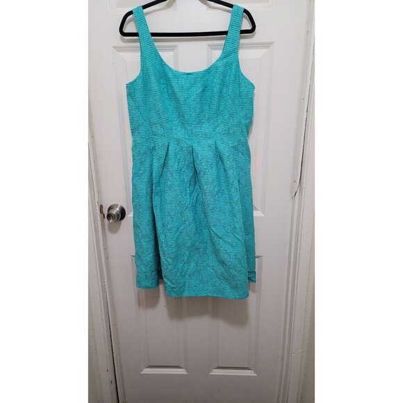 NIne West Sleeveless Aqua Textured Fit & Flare Dress With Pleated Detail - 14 - Picture 1 of 11